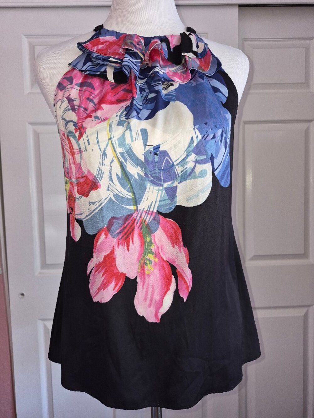 Elie Tahari Black Floral Silk Blend Halter Tie Back Blouse Top Small